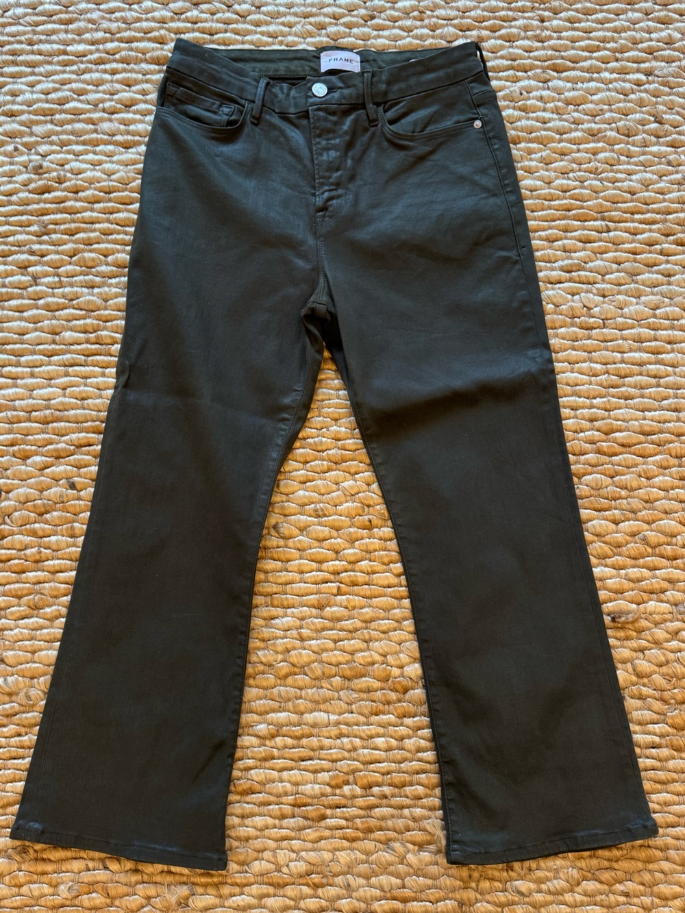 FRAME Le Crop Mini Boot in a green coated denim size 31